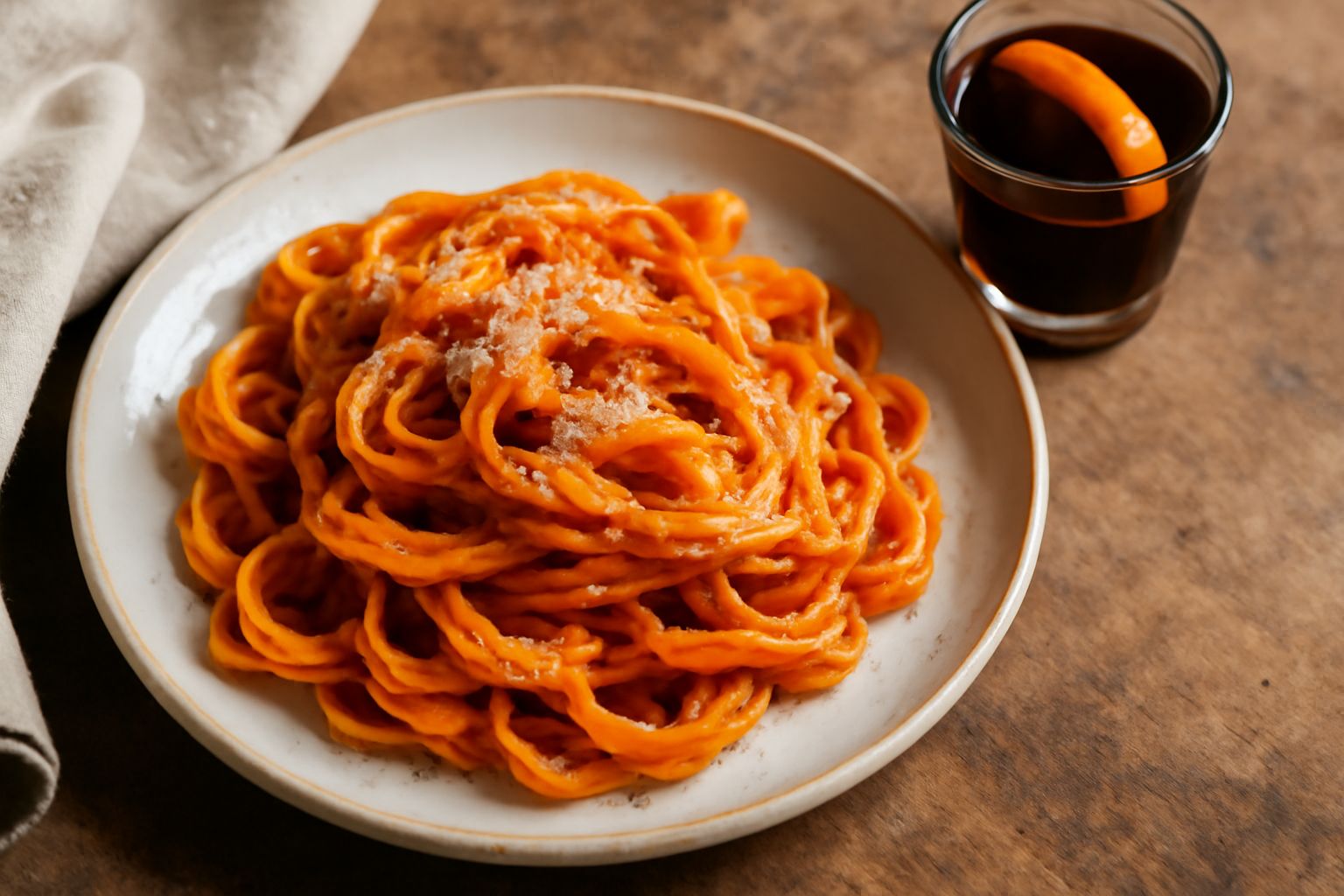 Bicchiere piccolo contenente liquore amaro di colore marrone scuro con riflessi ramati, accanto a una bottiglia di vetro scuro con tappo in sughero, su tavolo di legno chiaro con erbe secche sparse