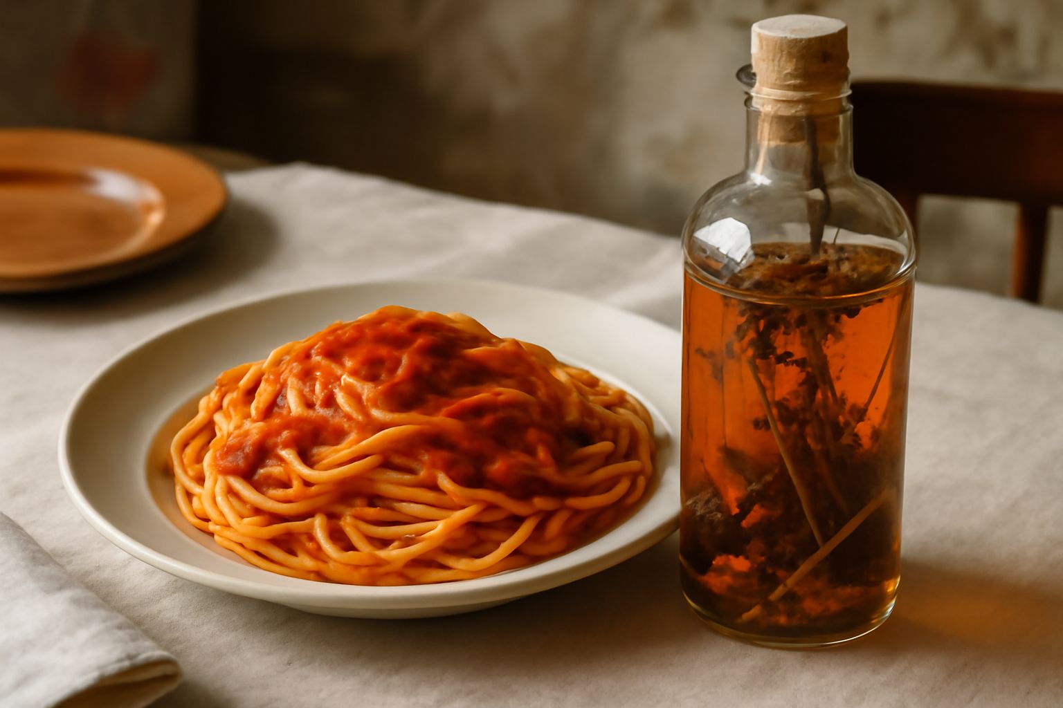 Bottiglia di vetro scuro contenente liquido marrone ambrato con rametti di erbe secche dentro, accanto a piccoli vasetti di spezie e corteccia d'arancia su un tavolo di legno