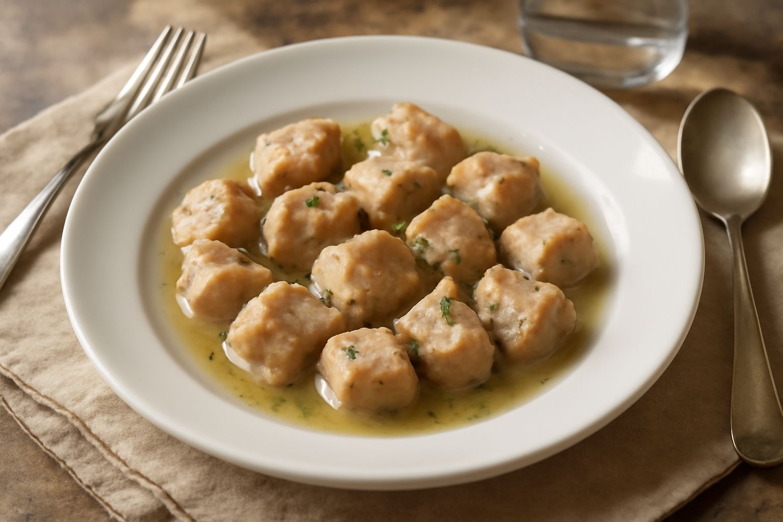 Bocconcini di vitello dorati e umidi disposti in un piatto fondo bianco, con salsa di brodo e rosmarino fresco, contornati da piccole patate bollite e carota