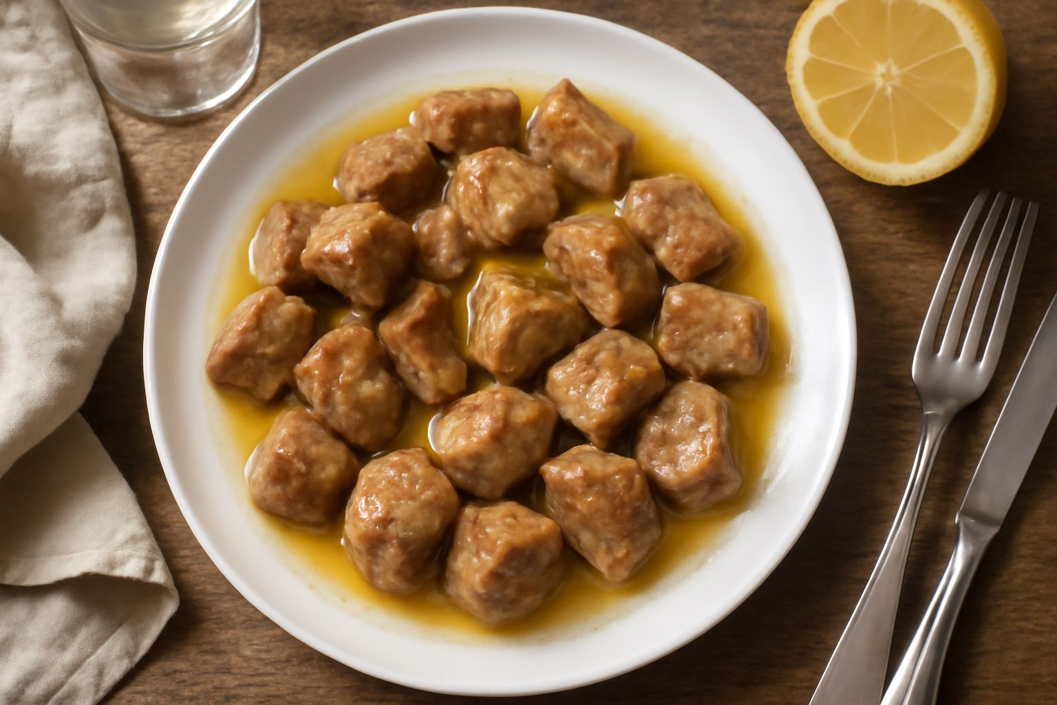 Bocconcini di vitello dorati e lucidi in un piatto bianco con salsa trasparente al Limoncello, guarniti con sottili fettine di scorza di limone fresca e un rametto di prezzemolo verde