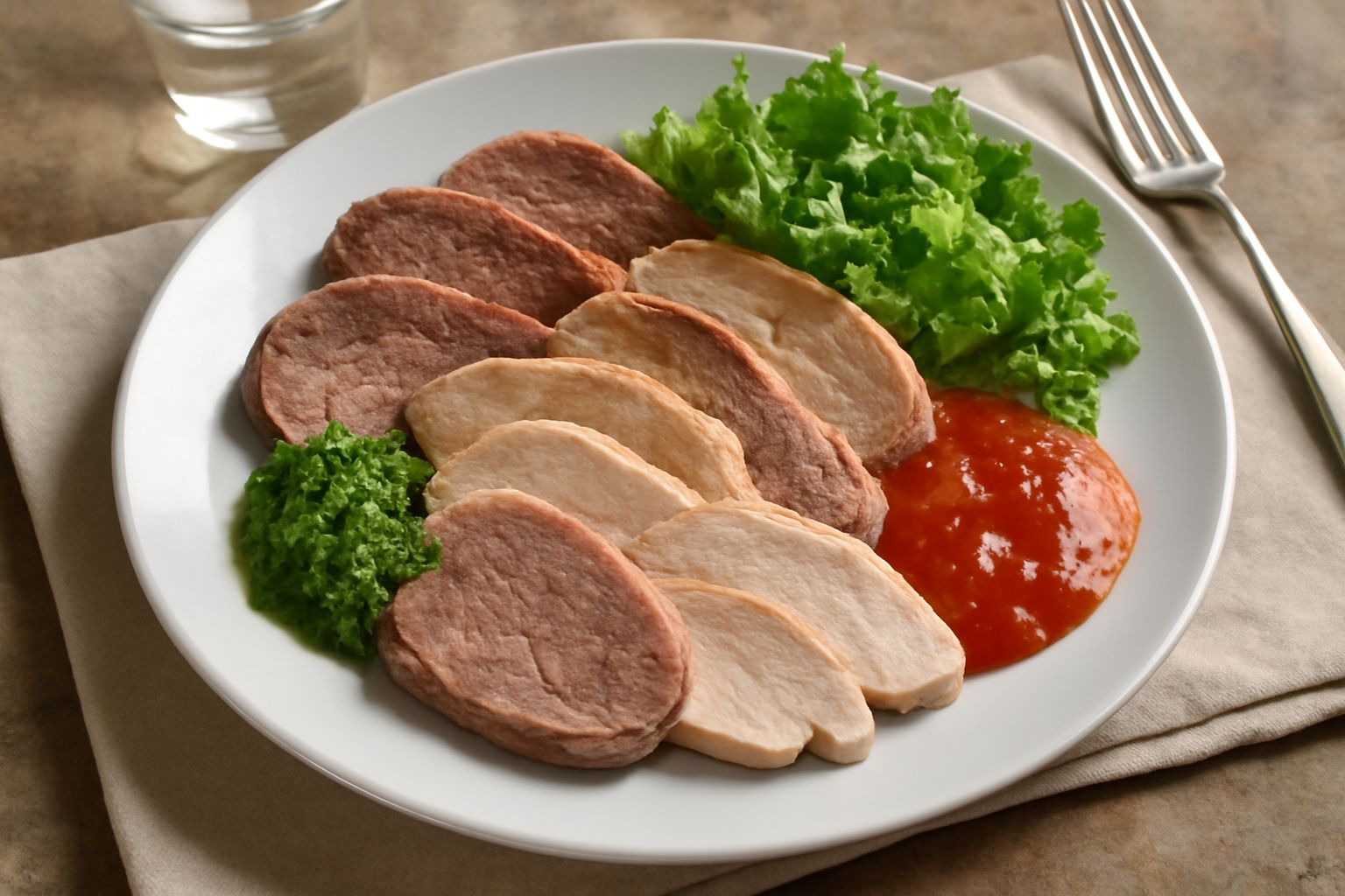 Piatto di bollito freddo con fette di manzo, pollo e lingua di manzo bianca e rosa, accompagnate da salsa verde e insalata di verdure crude su piatto bianco
