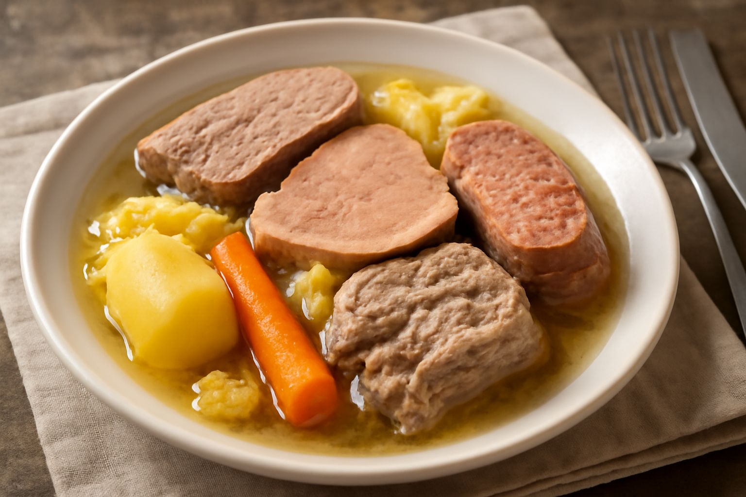 Piatto di bollito misto con fette di manzo, pollo e lingua di vitello disposte nel brodo dorato, contornate da carote, sedano e cipolle, servito in una ciotola di ceramica bianca con mestolo di legno 