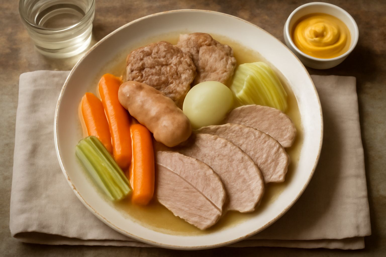 Piatto bianco con fette di carni bollite rosa e bianche, verdure cotte, servito con ciotoline di senape gialla e mostarda rossa di fianco, brodo caldo fumante nel piatto