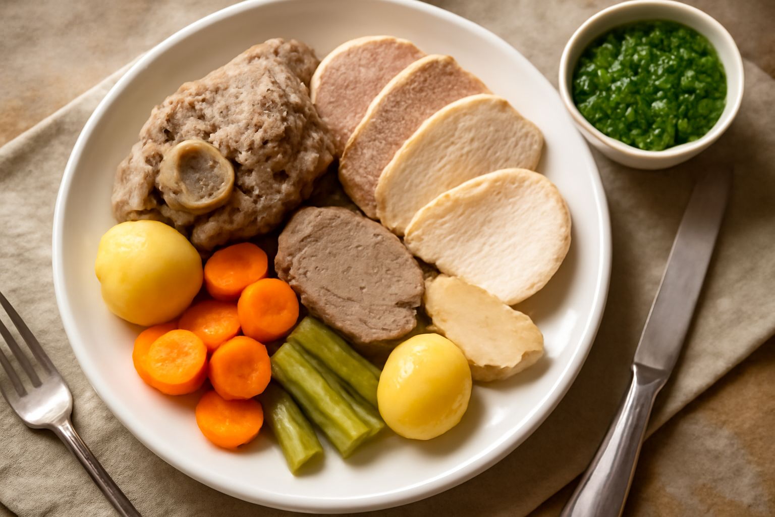 Piatto bianco con fette di bollito misto color grigio perla, contorno di verdure bollite come carote e sedano, salsa verde in ciotola laterale con gocce di olio.