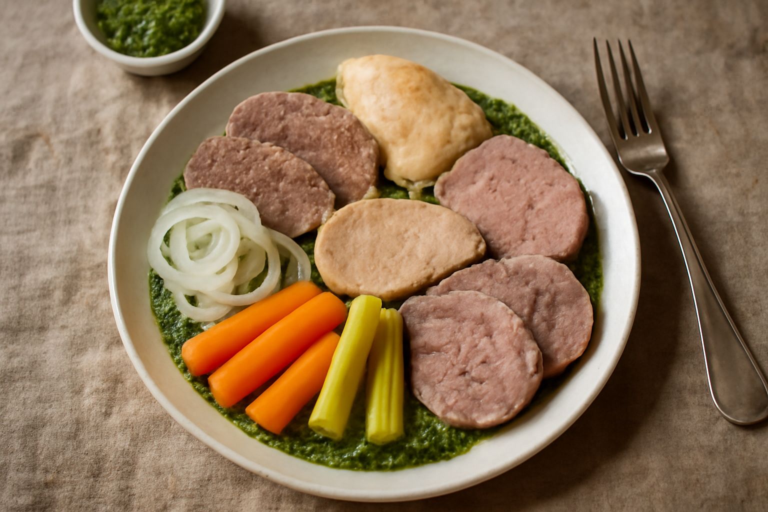 Piatto di bollito misto friulano con fette di manzo, pollo e lingua, disposte su un letto di salsa verde brillante, con cipolla affettata e contorni di verdure bollite