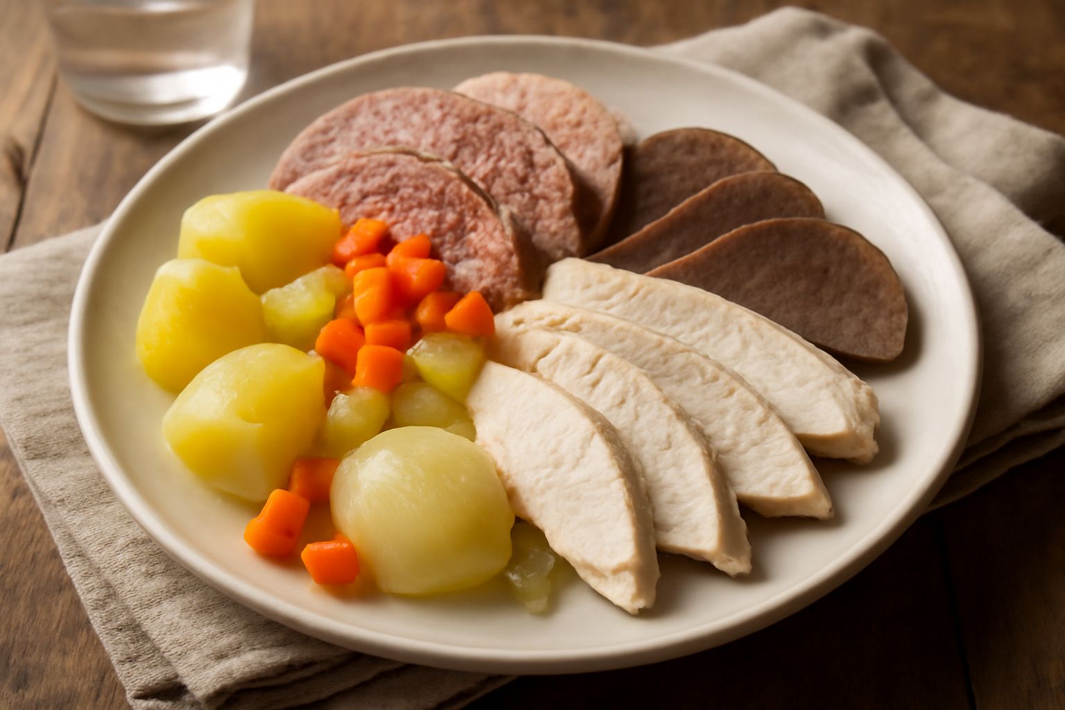 Bollito misto lombardo servito in un piatto fondo bianco con carni tagliate a fette, verdure miste, cipolla cruda a fette sottili e salsa verde in una ciotola accanto