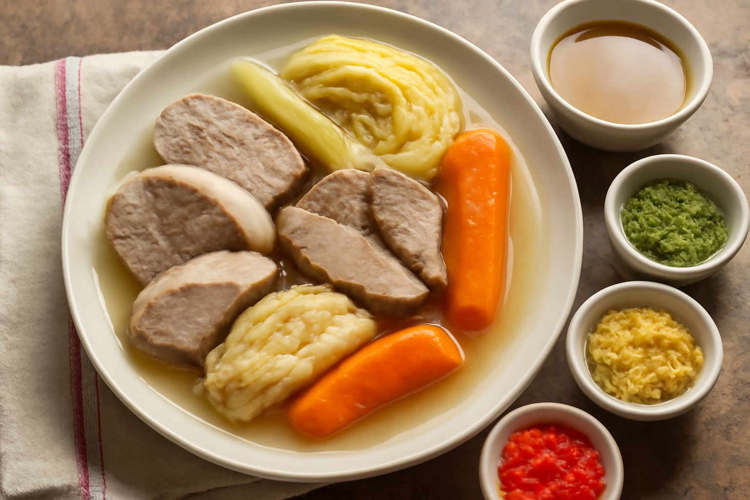 Piatto bianco con fette di carni bollite grigiastre e tenere, cipolla bianca, sedano e carota in brodo chiaro, accompagnate da salsa rossa in una ciotola piccola e pane tostato ai lati