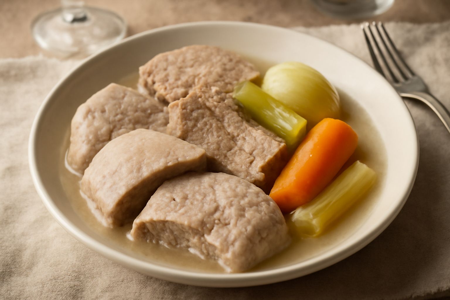 Piatto fondo con bollito misto piemontese: fette di manzo, vitello e pollo bolliti di colore grigio-bianco, contornate da verdure morbide (carota, sedano, cipolla), salsa verde in una ciotola laterale