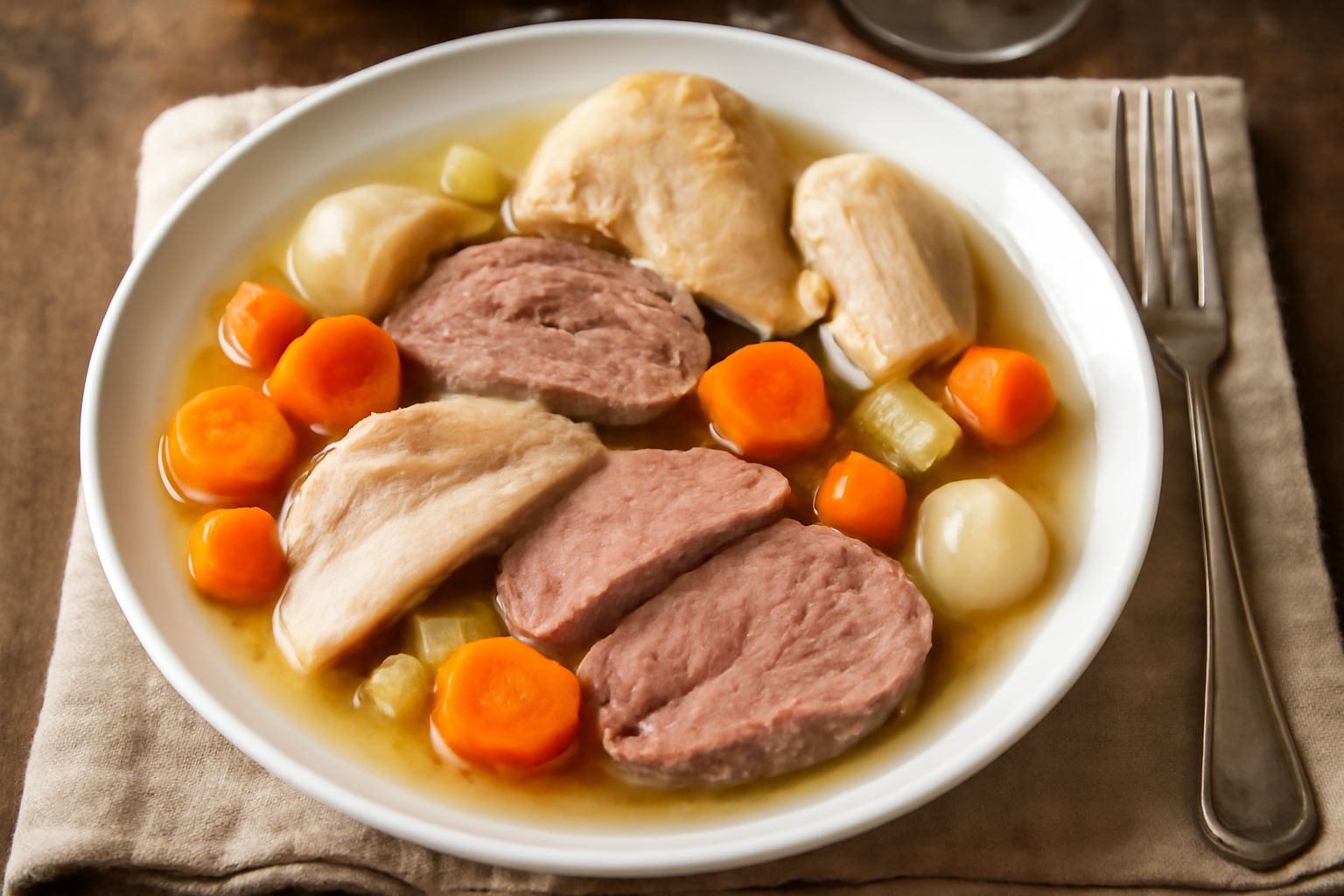 Piatto di porcellana bianca con fette di carne bollita (manzo, pollo, maiale), verdure miste e brodo caldo, accompagnato da salsa verde in una ciotola e fette di pane tostato