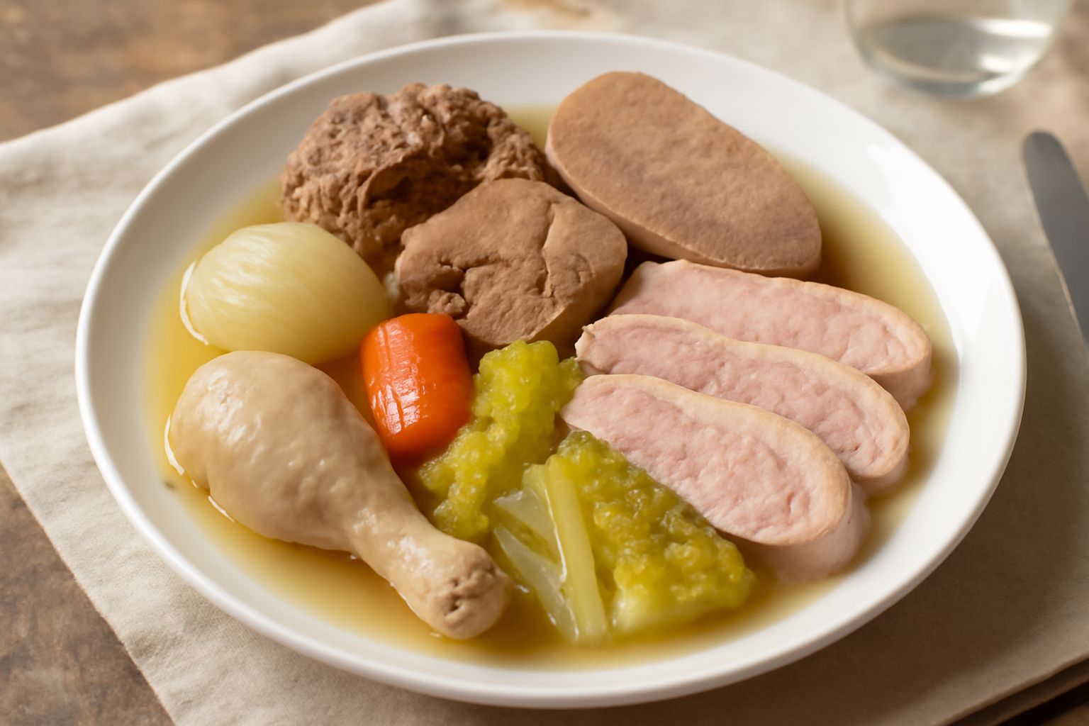 Bollito misto veronese servito in piatto bianco: fette di carne bianca e rossa diverse, tenere e succose, accompagnate da cipolla bollita e verdure, contorno di salsa rossa densa in ciotola accanto