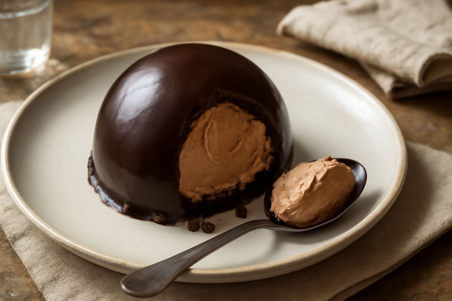 Una bomba al cioccolato tagliata a metà su un piatto bianco, con il cuore cremoso di mousse al cioccolato ben visibile dentro e la copertura di cioccolato brillante all'esterno, decorata con una fogli