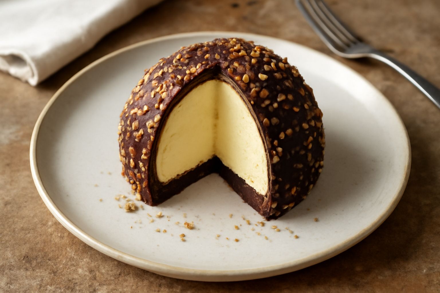 Bomba dolce tagliata a metà: sfera di gelato vaniglia nel centro ricoperta di cioccolato nero lucido e pistacchio tritato, su piatto bianco con cucchiaio
