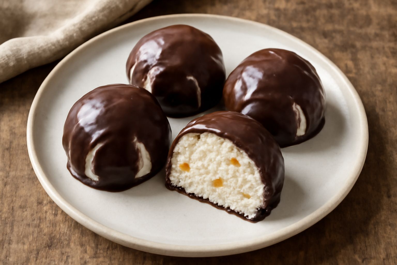 Bombe di ricotta ricoperte di cioccolato fondente, appoggiate su carta pergamena bianca, alcune tagliate a metà per mostrare il ripieno cremoso di ricotta e frutta secca all'interno