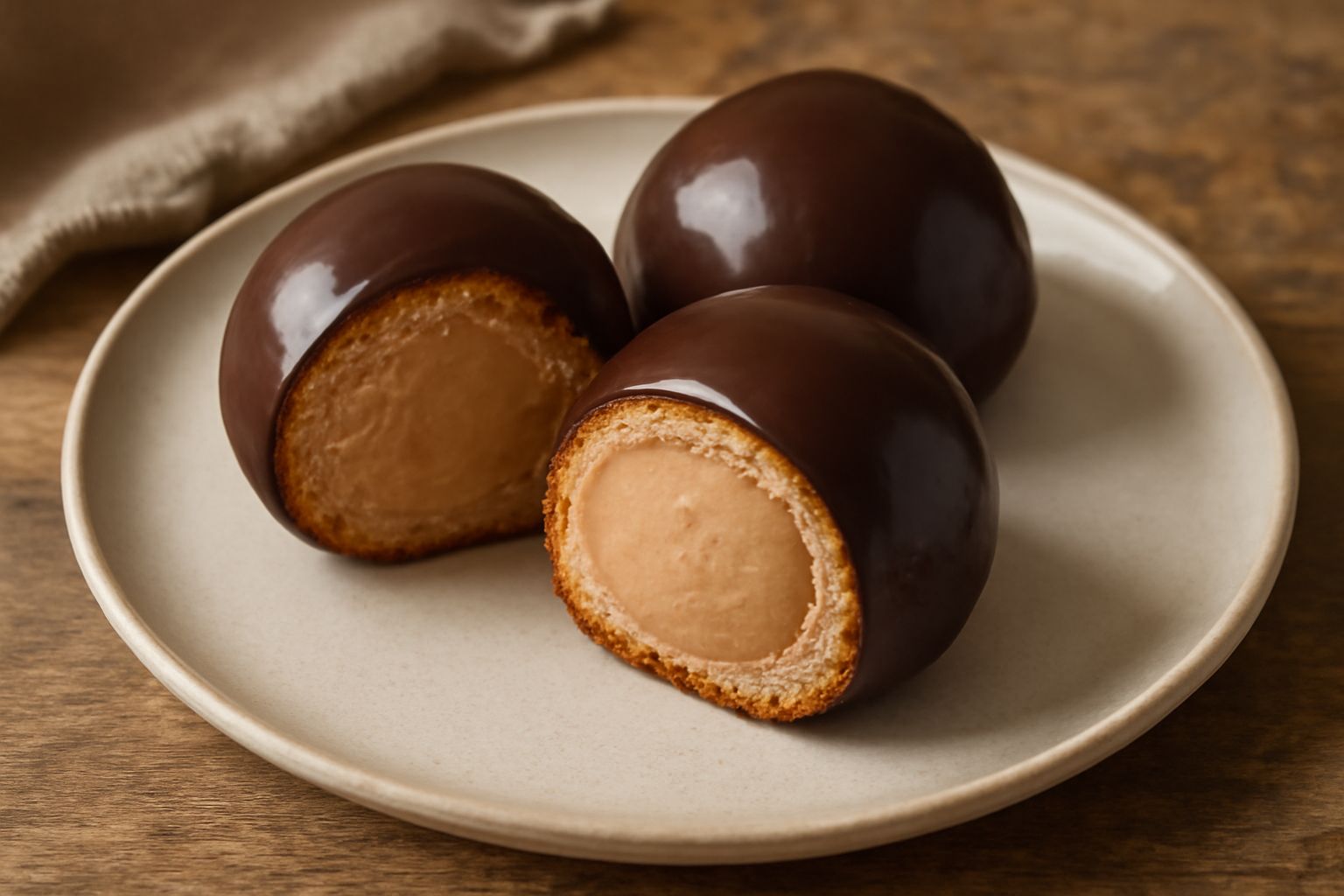 Tre bombe dolci sferiche ricoperte di glassa al cioccolato, tagliate a metà per mostrare il ripieno cremoso interno color nocciola, poste su un piatto bianco con sporcizia di cacao in polvere