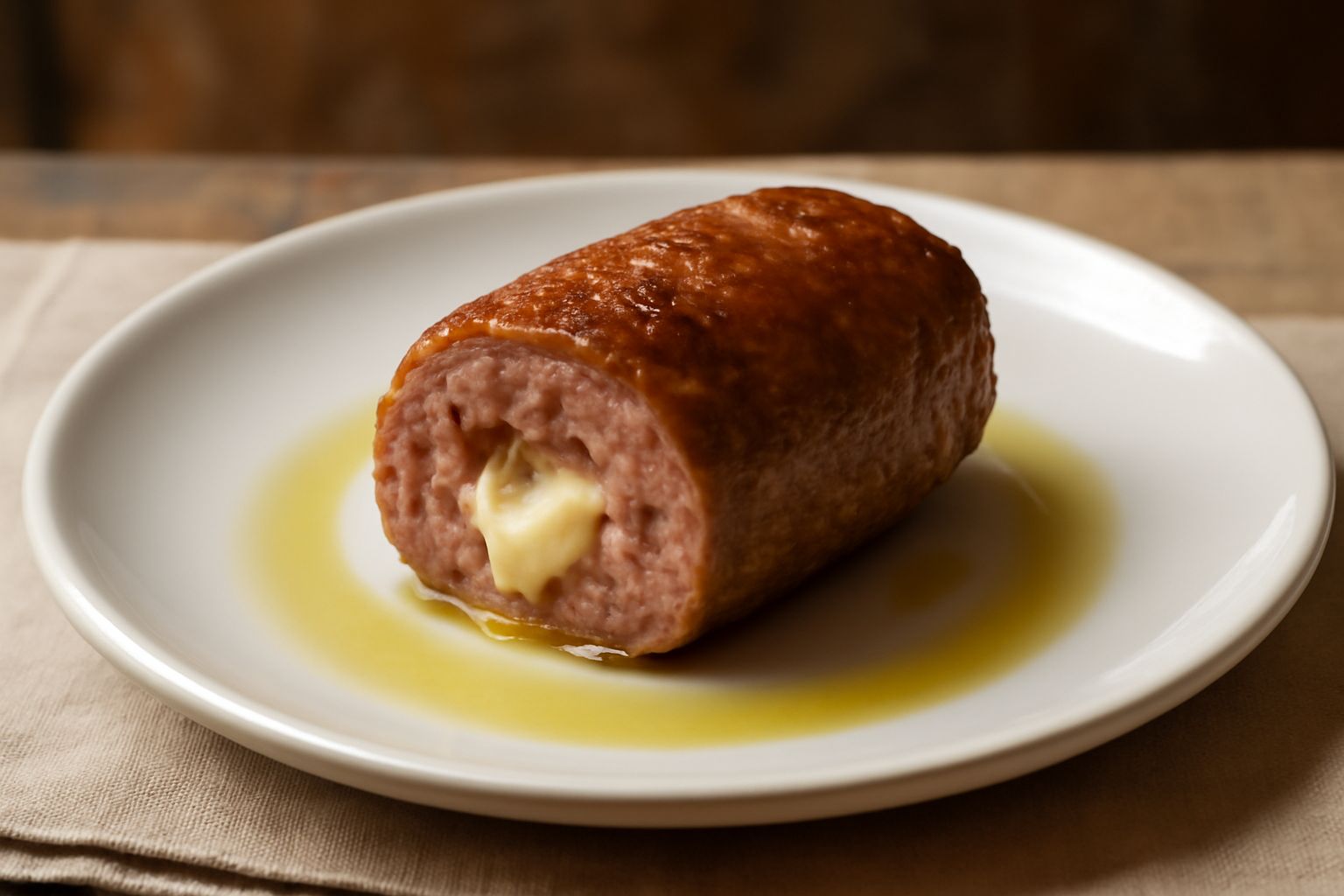 Bombette foggiane dorate al forno in un piatto bianco, disposte in fila, con superficie leggermente croccante e un filo di olio d'oliva, accompagnate da fette di limone