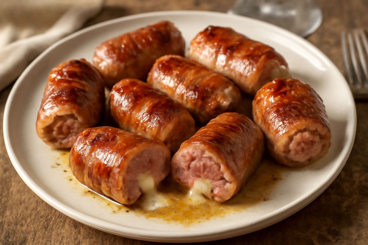 Bombette alla barese dorate in padella, avvolte in pancetta croccante, con formaggio filante visibile nel ripieno, guarnite con prezzemolo fresco