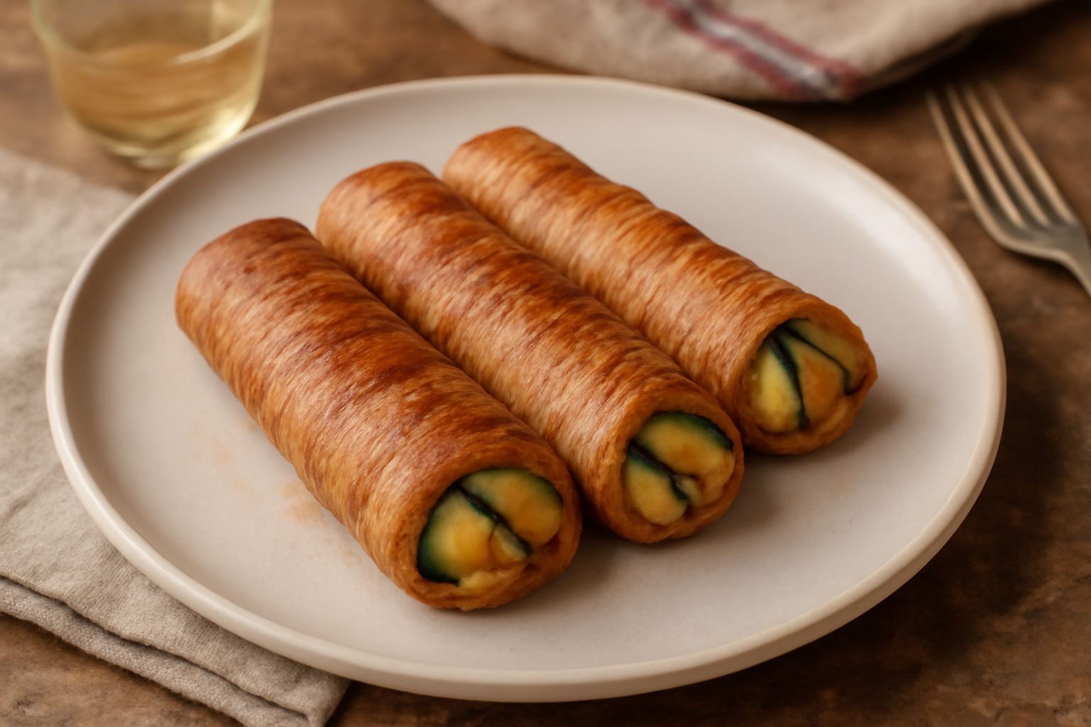 Bombette alla chitarra affettate su piatto bianco, che mostrano il ripieno colorato di verdure verdi e gialle, superficie dorata, contornate da insalata fresca e olio d'oliva