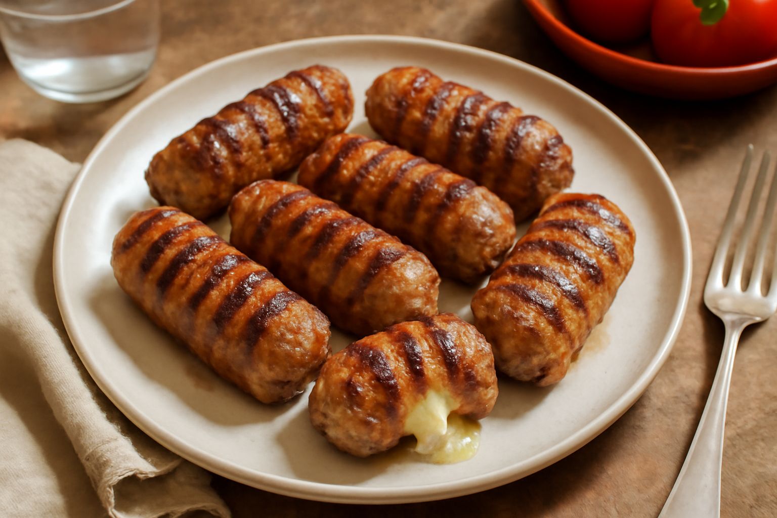 Bombette alla salentina cotte su piastra, dorate e compatte, in fila con tracce di griglia visibili, accompagnate da limone fresco e erbe aromatiche sul piatto bianco