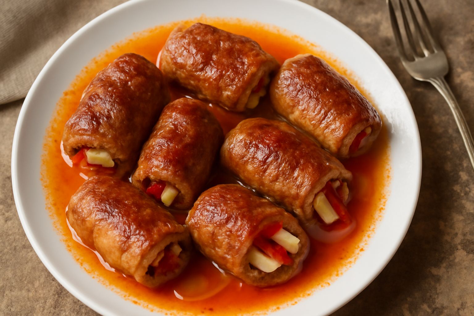 Bombette alla valenzana dorate in un piatto bianco, con involtini di carne marrone dorato ripieni di verdure verdi e rosse, accompagnate da sugo leggero