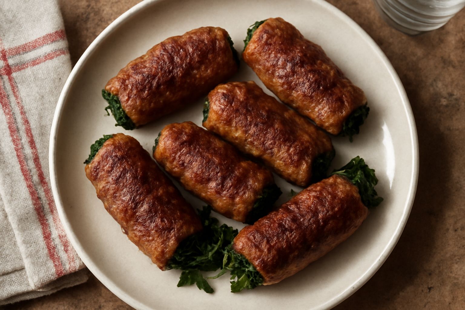 Bombette alla valle d'Itria dorate in una pentola di coccio, accompagnate da cicoria ripassata verde scuro, carne marrone rossiccio ben rosolata, pezzi di formaggio visibili ai lati
