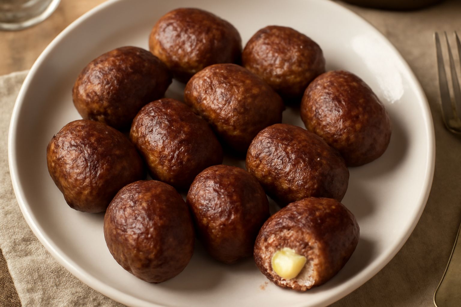 Bombette altamurane dorate in una padella di ghisa, circa otto involtini di carne scura ricchi di formaggio giallo al taglio, contornati da succo di cottura marrone ambrato