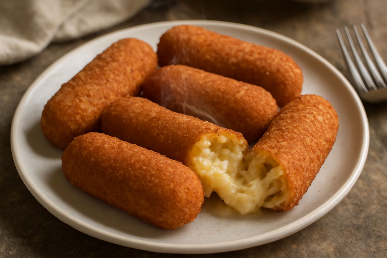 Bombette di Alberobello dorate e croccanti poggiate su un piatto bianco, con una spolverata di zucchero di canna e una salsa di miele accanto, sfondo sfocato di pietra locale