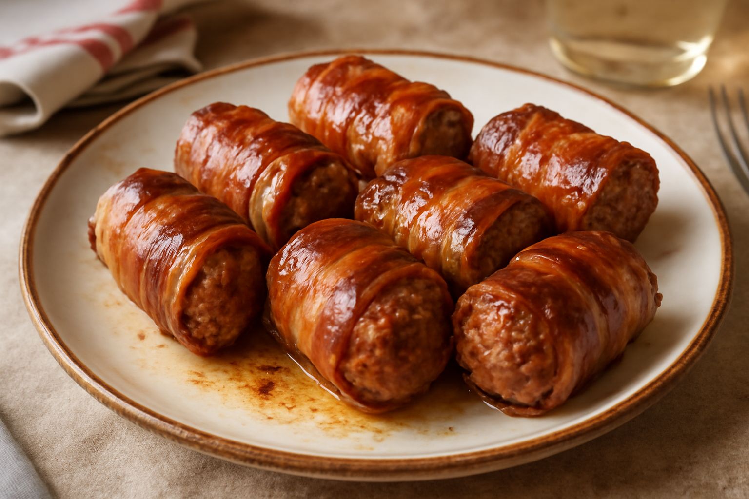 Quattro bombette di carne dorate e lucide in una padella di ghisa, avvolte in pancetta croccante, circondate da succo di cottura scuro e un ramo di rosmarino fresco