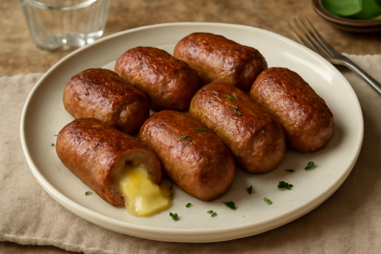 Bombette dorate e croccanti appoggiate su un piatto bianco, con spicchi di limone fresco, ripieni visibili di formaggio filante e prezzemolo, contorno di olio d'oliva