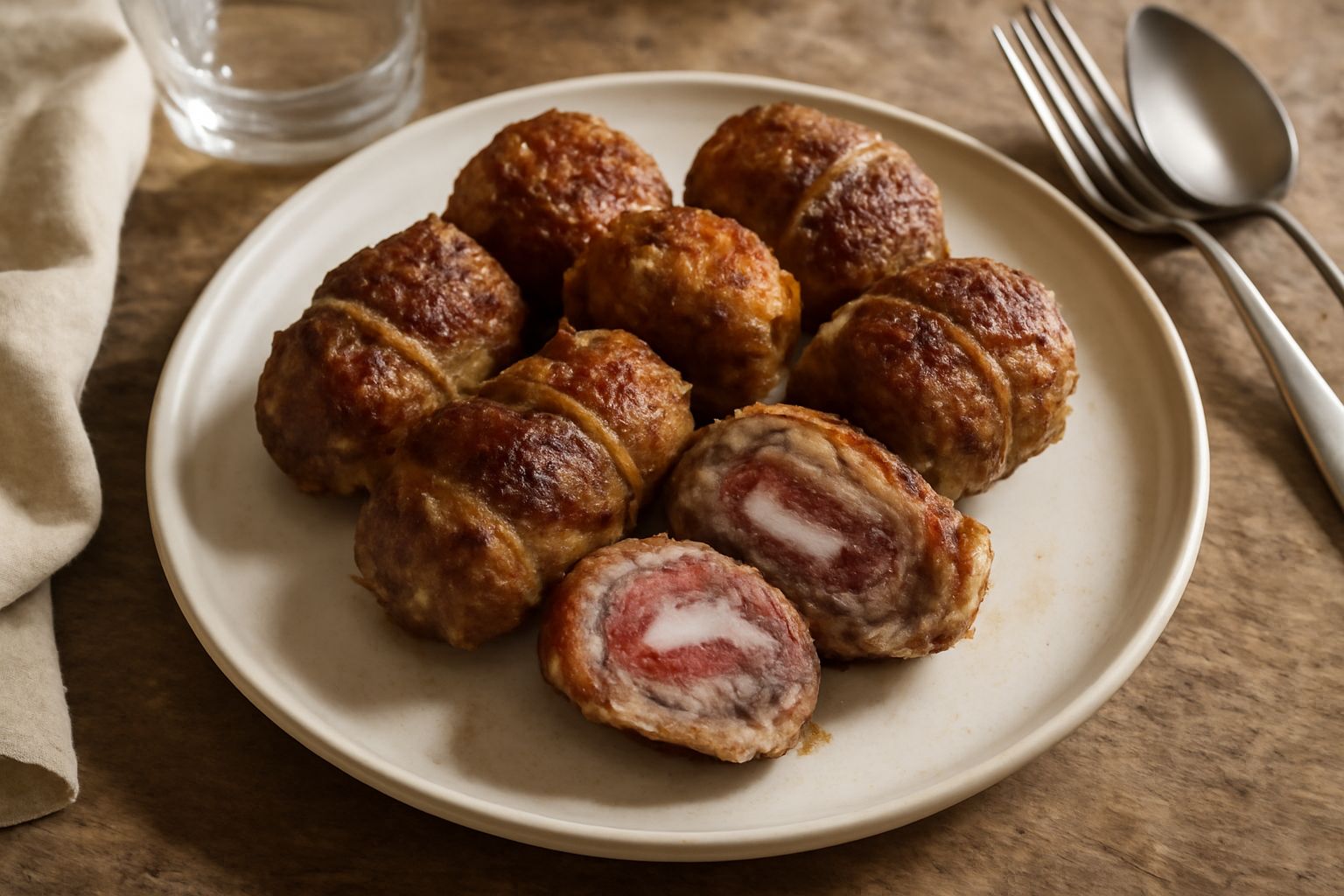 Bombette di Cisternino dorate e carnose su un piatto bianco, con rosmarino fresco accanto, tre involtini legati con spago beige, lato tagliato visibile mostrando stratificazione di carne e pancetta