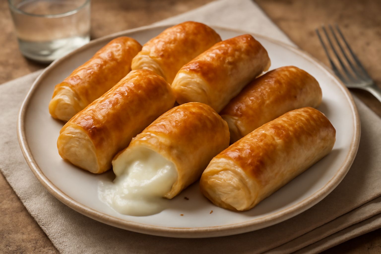 Bombette di formaggio appena sfornate, dorate e croccanti, allineate su un piatto bianco, con formaggio filante che fuoriesce dai bordi arrotolati della pasta, vapore ancora visibile, base di pasta sf