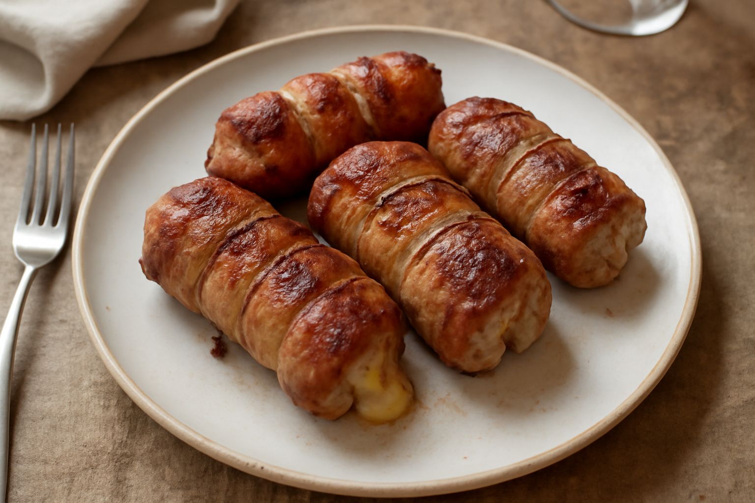 Bombette di Martina Franca grigliate disposte su un piatto bianco, dorate e legate con spago da cucina, contornate da verdure grigliate leggere