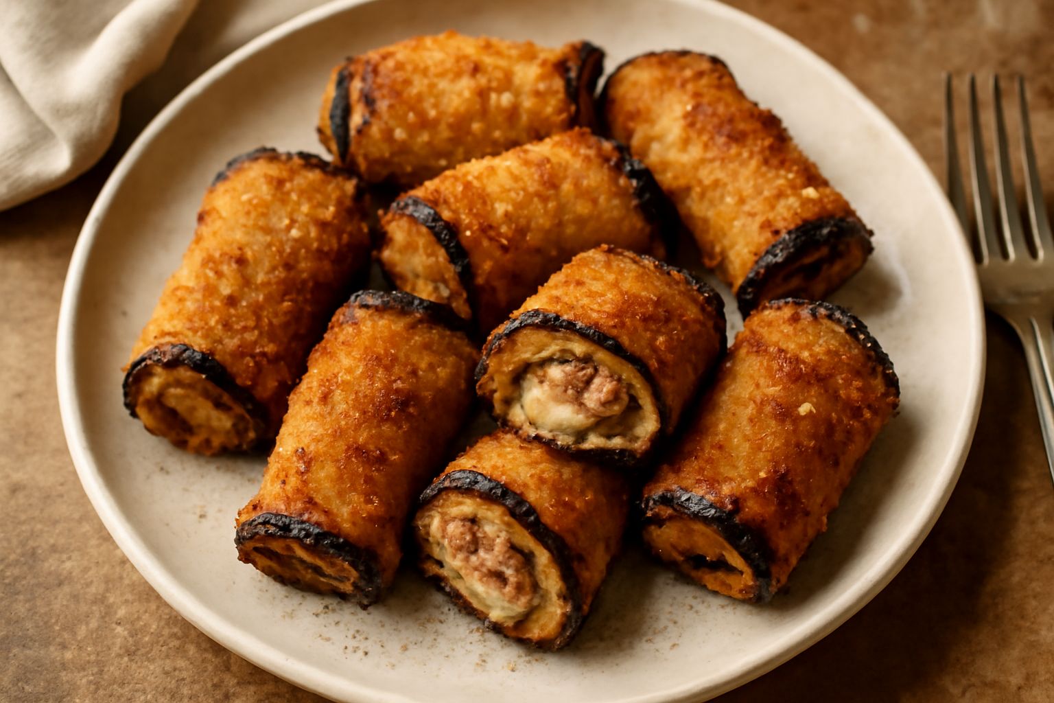 Bombette di melanzane dorate e croccanti appoggiate su un piatto bianco, ripieno visibile dai lati, guarnite con prezzemolo fresco e limone