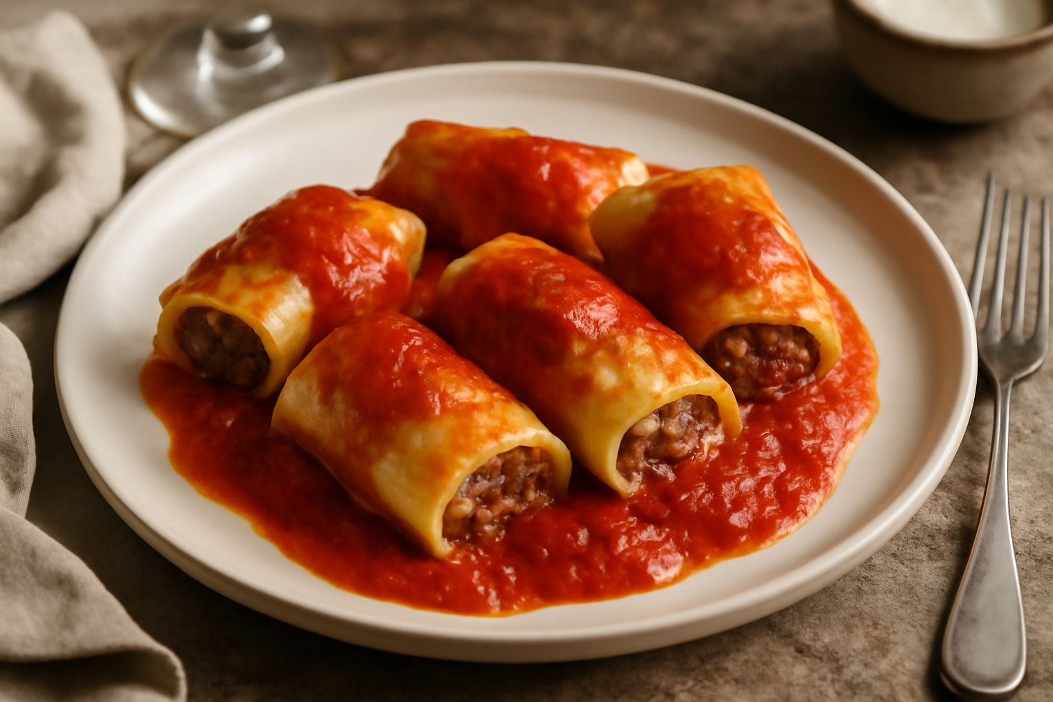 Bombette di pasta dorate e croccanti in una pirofila, ricoperte di sugo rosso intenso e filamenti di formaggio fuso, contorno di pomodori freschi e basilico verde