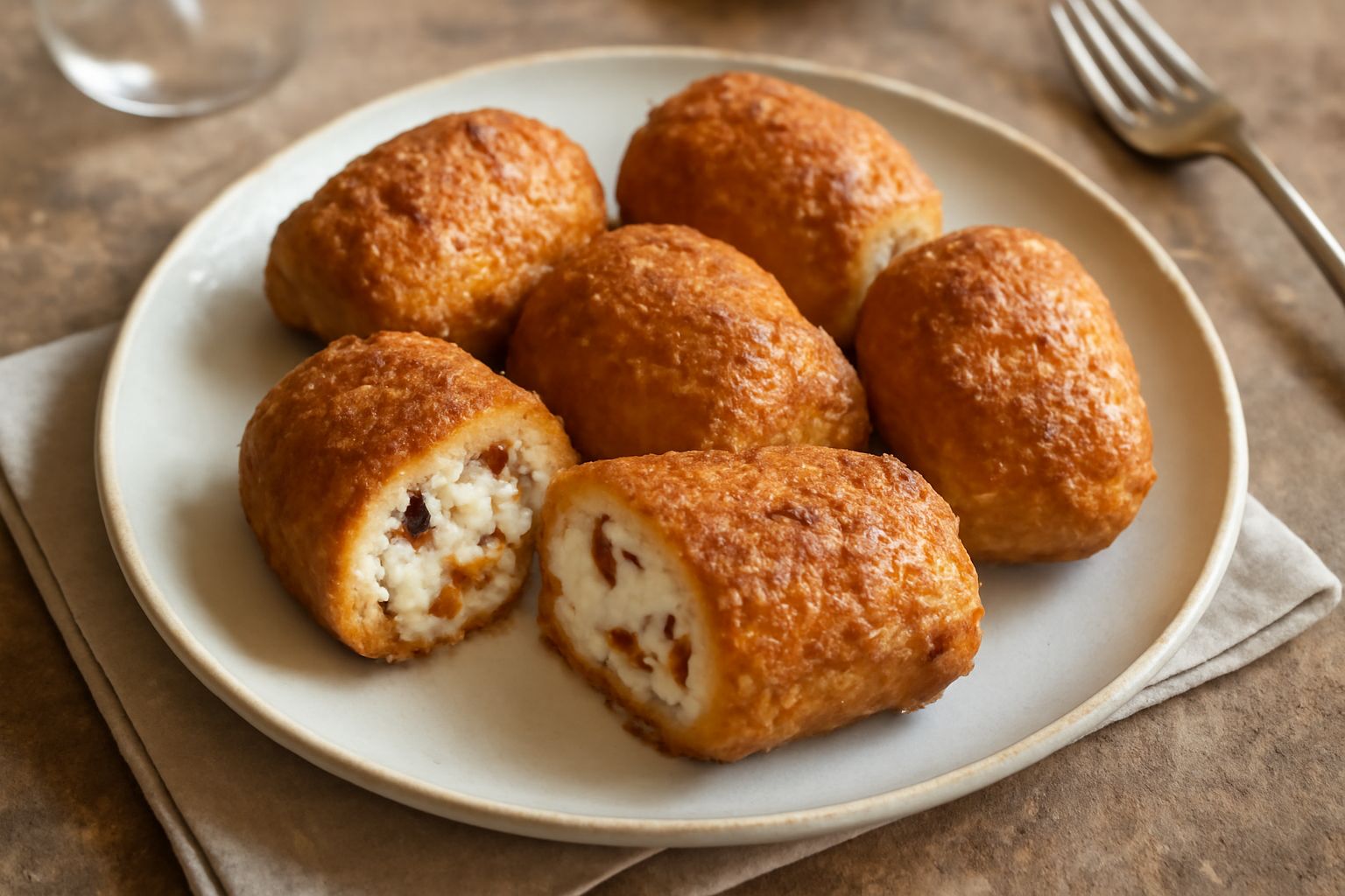 Bombette di ricotta dorate croccanti in un piatto bianco, tagliate a metà per mostrare il ripieno cremoso di ricotta con uvetta e canditi, cosparse di zucchero a velo