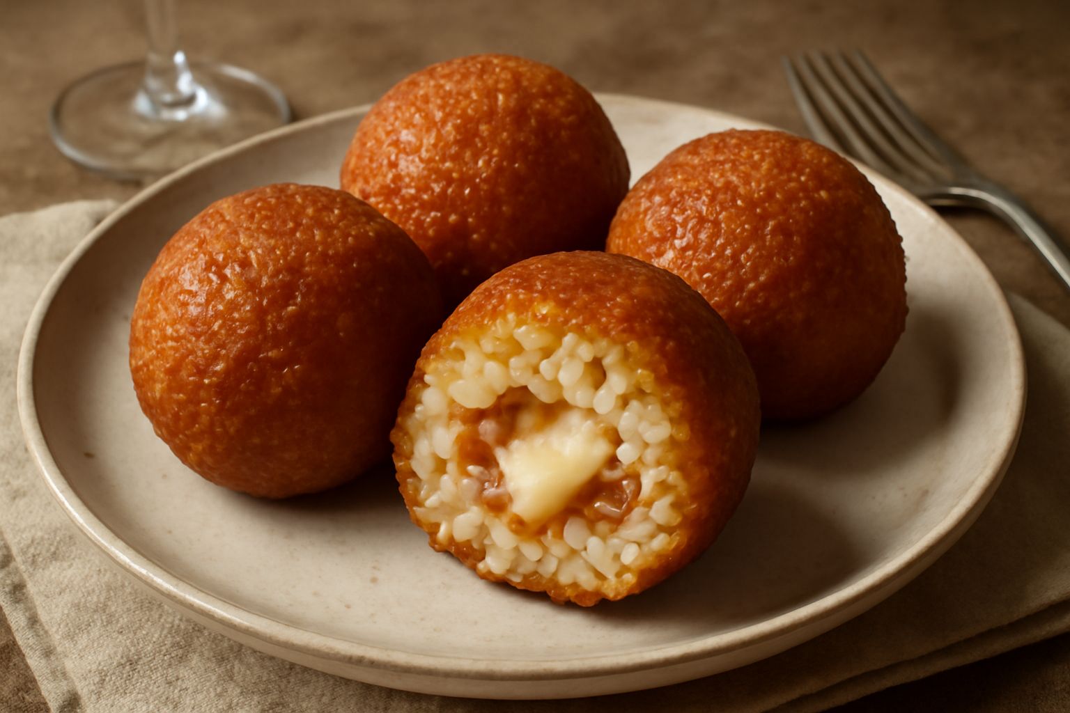 Bombette di riso dorate e croccanti disposte su un piatto bianco con pomodori freschi a metà e una salsa rossa di contorno