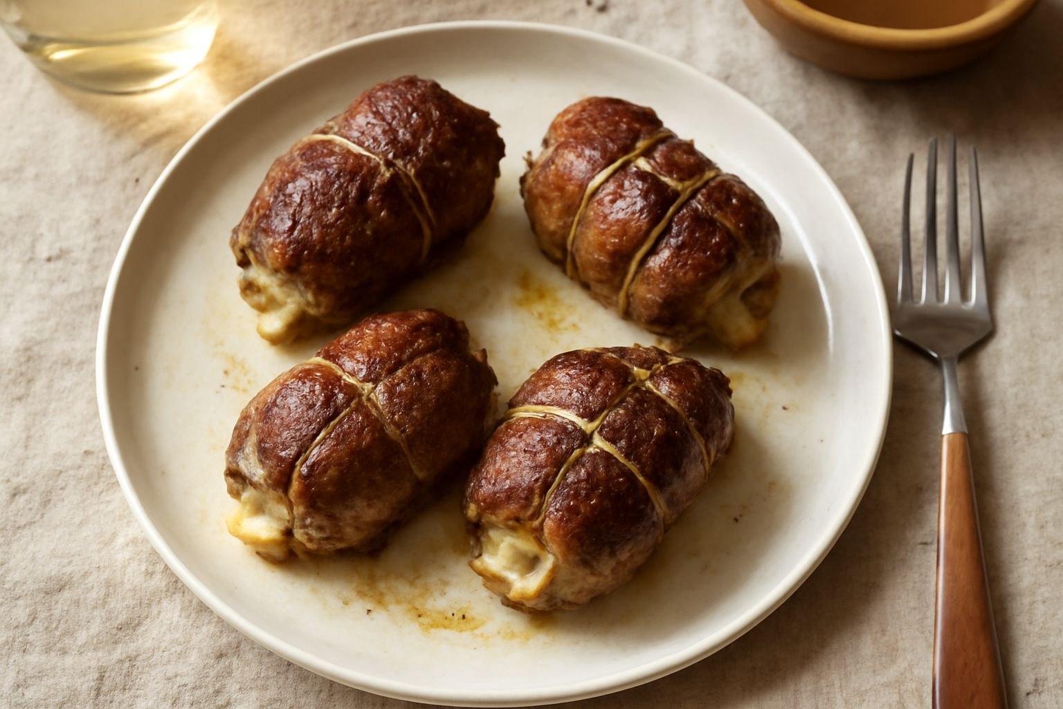 Bombette foggiane dorate e sigillate in padella di ghisa, con filo di cottura visibile, circondate da cipolla dorata e piccole di formaggio mozzarella che fuoriesce dai bordi