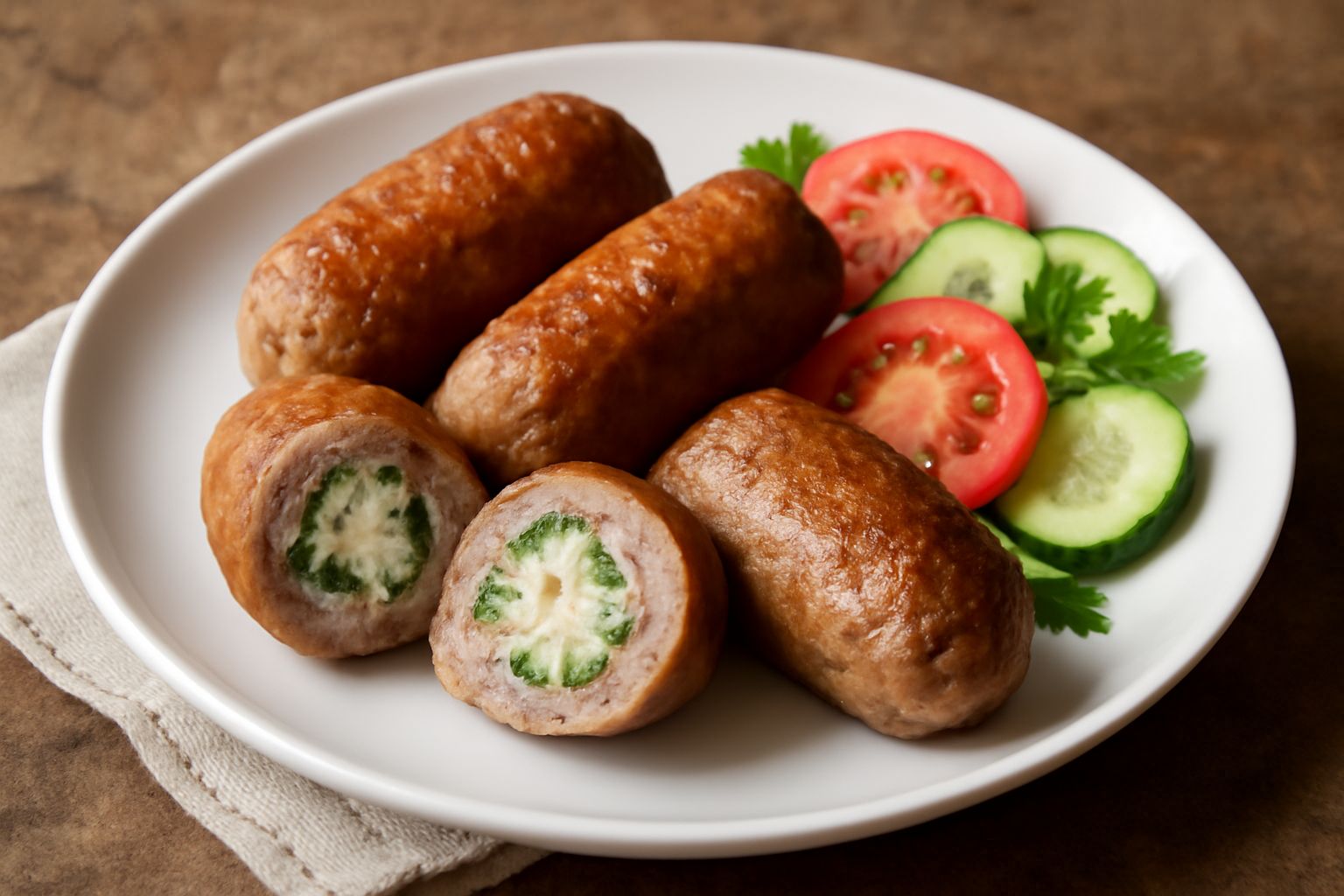 Bombette fredde affettate su un piatto bianco, che mostrano il ripieno di formaggio filante e prezzemolo, colore dorato della carne esterna, con insalata mista ai lati