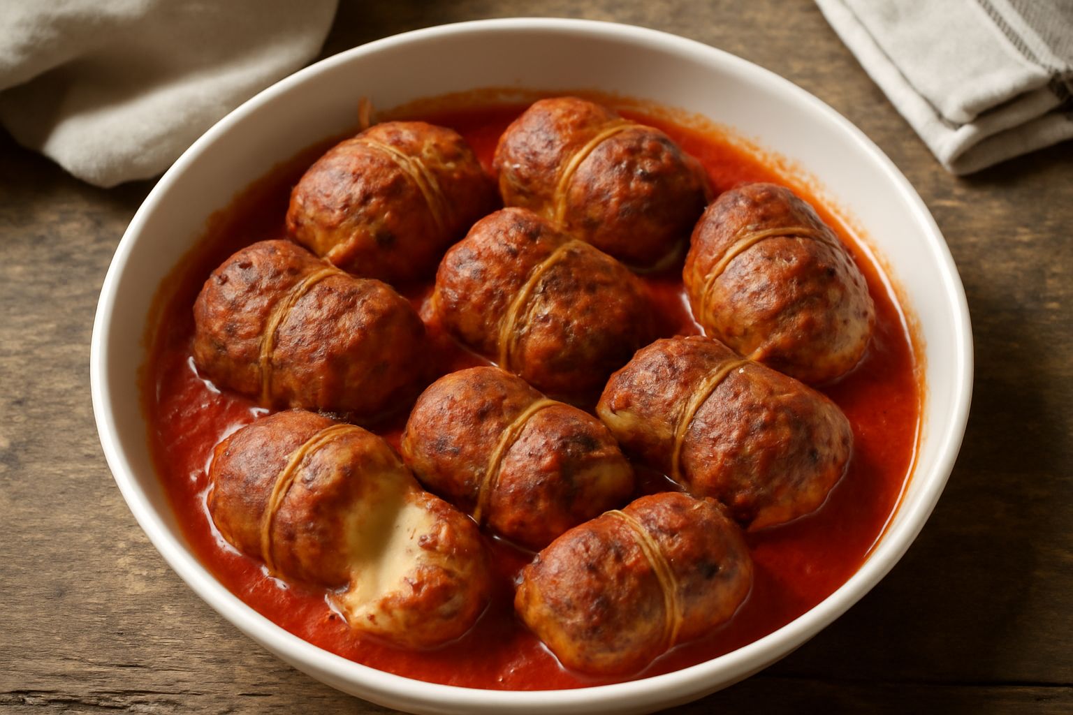 Bombette alla pugliese disposte in una pentola di terracotta con sugo di pomodoro scuro e ricco, legature di spago intatte, involtini dorati, erbe aromatiche sparse attorno, cipolla caramellata visibi
