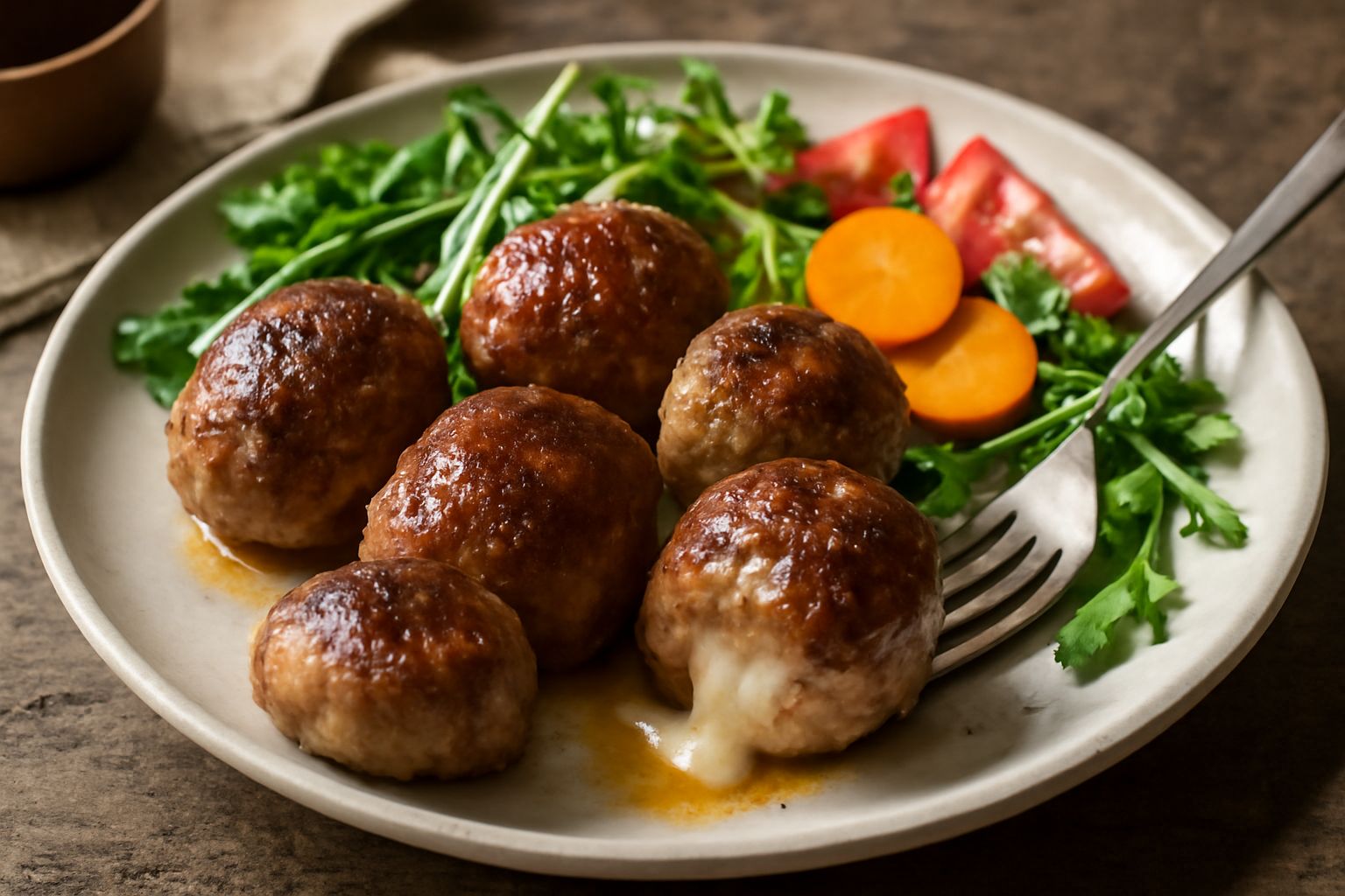 Bombette ripiene dorate e lucide in una padella di acciaio, con sfondo sfocato di prezzemolo fresco e limone affettato, vapore leggero che sale dal piatto