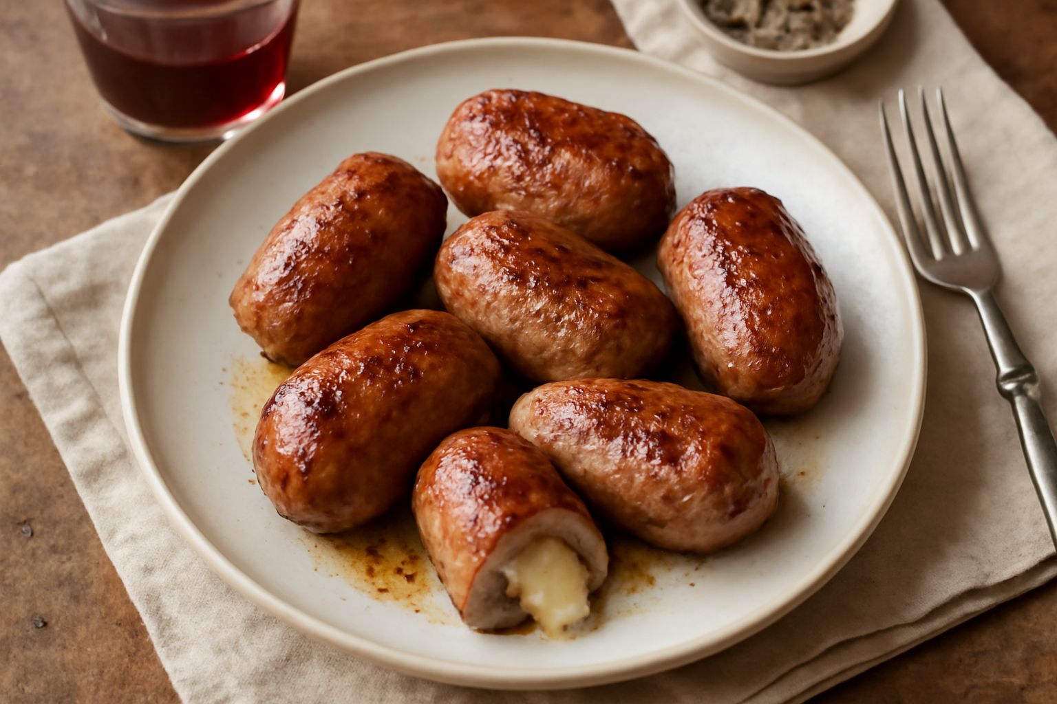 Bombette salentine dorate in padella di ferro, con formaggio che fuoriesce leggermente dal bordo, circondate da pepe nero visibile e un filo di olio, su sfondo neutro
