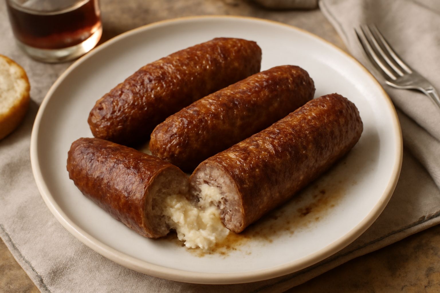 Quattro bombette tarantine dorate e croccanti in una padella di ghisa, piene di formaggio che fuoriesce, contorno di cipolla caramellata e prezzemolo fresco tritato