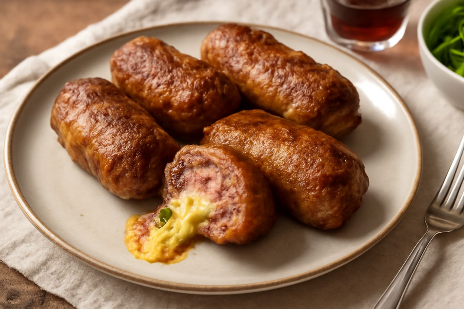 Bombette tarentine dorate e croccanti servite in un piatto bianco, con alcuni involtini già tagliati a metà, formaggio filante visibile dentro, accompagnate da fette di limone fresco