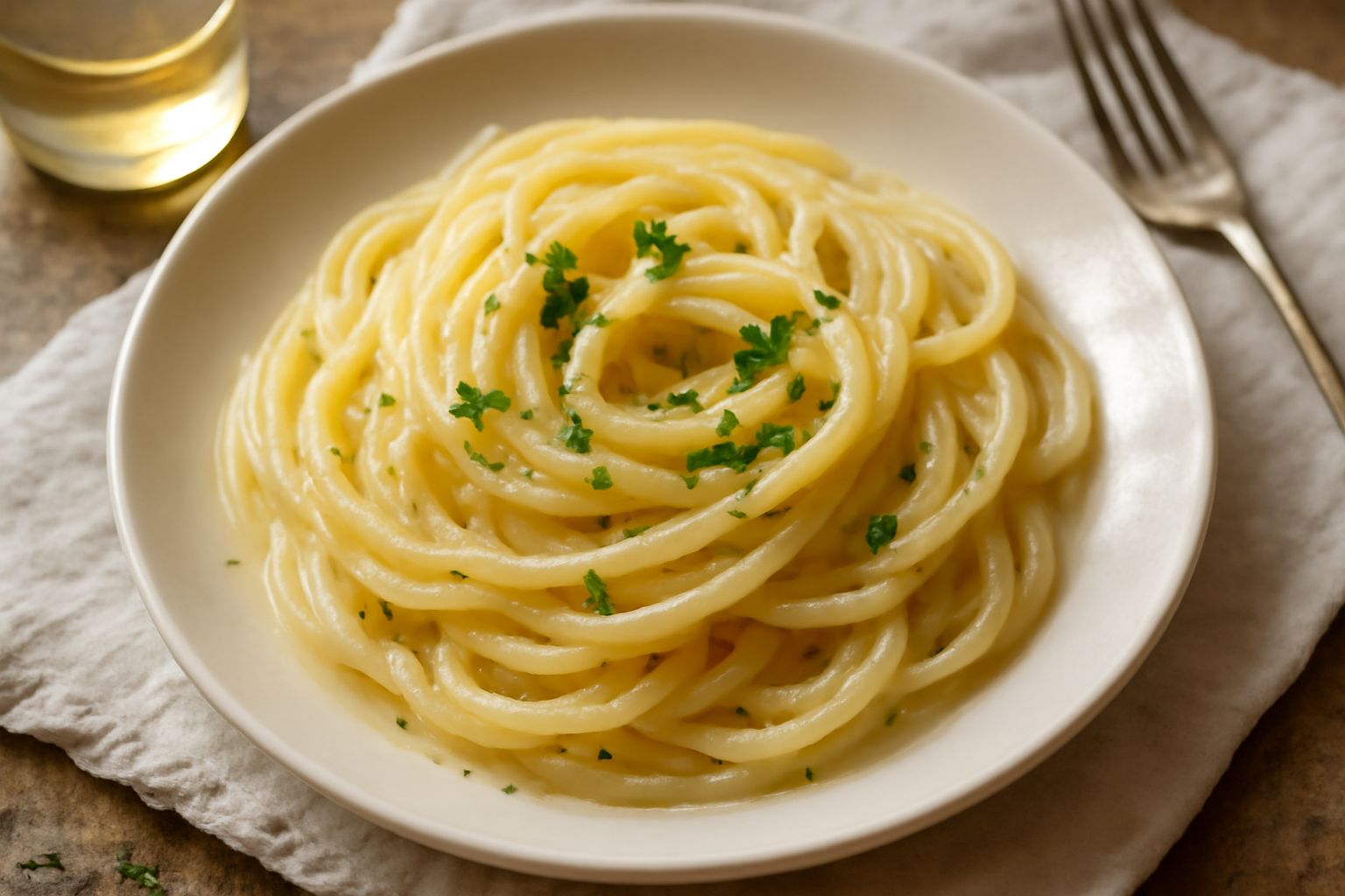Piatto di pasta spaghetti o linguine color avorio, ricoperti di salsa bianca traslucida e lucida, garniti da prezzemolo verde fresco, scorza di limone gialla e una perla di olio verde scuro