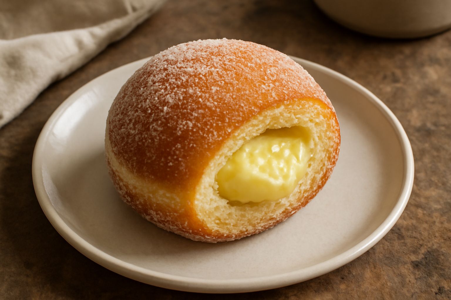 Bombolone tagliato a metà con crema pasticcera che fuoriesce, su piatto bianco, ricoperto di zucchero semolato, accanto altri bomboloni interi dorati