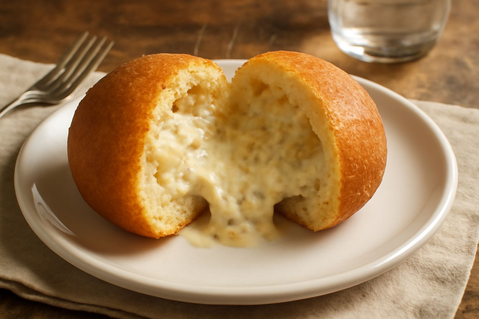 Un bombolone salato tagliato a metà appena fritto, dorato e sfumato di biondo, con ripieno di ricotta e prosciutto ben visibile all'interno, posato su carta bianca con leggerezza, circondi da erbette 