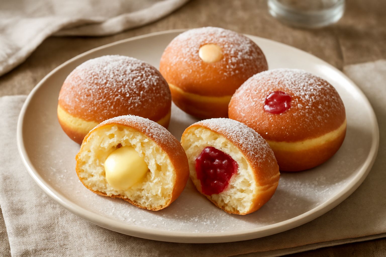 Bomboloni dorati e lucidi appena fritti su carta bianca, ripieni di crema gialla e spolverati di zucchero a velo; uno tagliato a metà mostra il ripieno cremoso