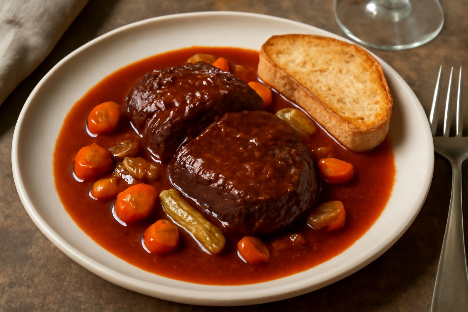 Bonarda in terracotta: fette di carne scura circondate da sugo di vino rosso denso, con carote tagliate grossolane e cipolla caramellata, impiattate con pane tostato ai lati