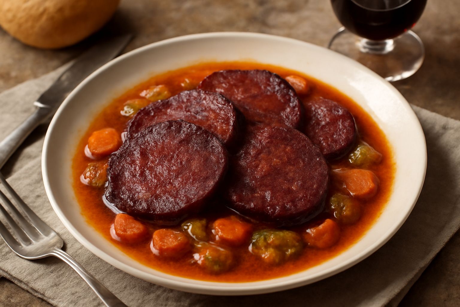 Bonarda dell'Oltrepò affettata in umido in una ciotola di terracotta con salsa di pomodoro scuro, erbe aromatiche fresche e verdure miste leggermente brunite, contorno di polenta morbida