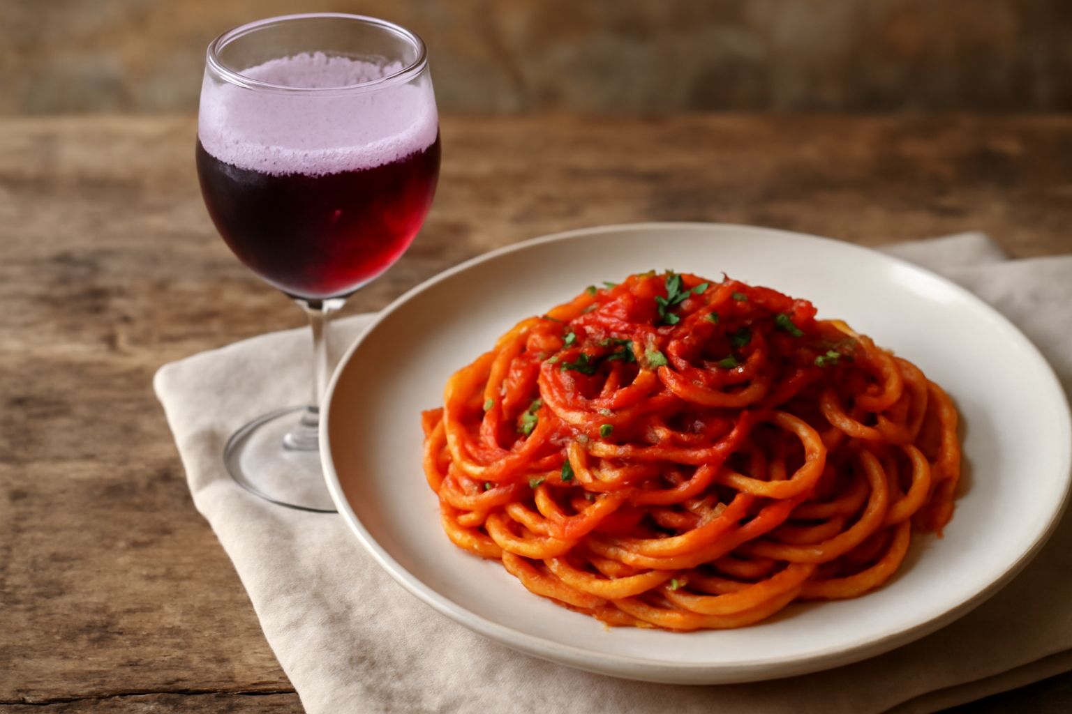 Calice di Bonarda dell'Oltrepò Pavese con spuma rosa pallido, bottiglia in sfondo sfocato su tavolo di legno chiaro, piatto di salumi e formaggi morbidi accanto