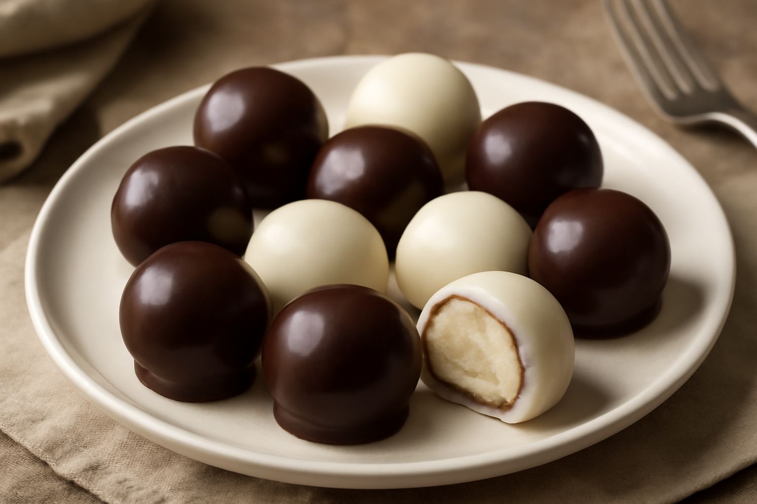 Una decina di bonbon di Brescia tondi e regolari, alcuni ricoperti di cioccolato fondente lucido, altri di glassa bianca opaca, disposti su una carta da forno bianca. Si vede la sezione di uno spezzat